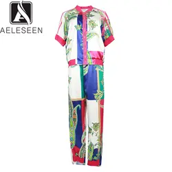 AELESEEN/Женские повседневные комплекты-двойки в сдержанном цвете, лето 2019, топы на молнии с цветочным принтом + длинные штаны с эластичной