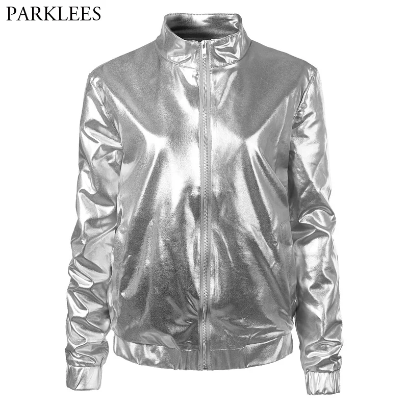 

Silver Metallic Coated Bomber Jacket Women Shiny Night Club Baseball Varsity Jacket Womens Zipper Front Mandarin Collar Jackets