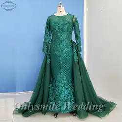 Onlysmile Дубаи зеленые винтажные Выпускные платья с длинными рукавами 2019 Роскошные блестящие мусульманские реальные фото съемные юбки