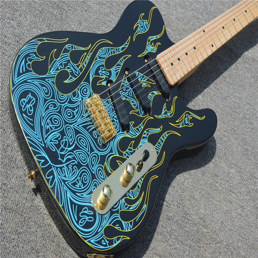 

Blue flame electric guitar, 6 - string gold accessories