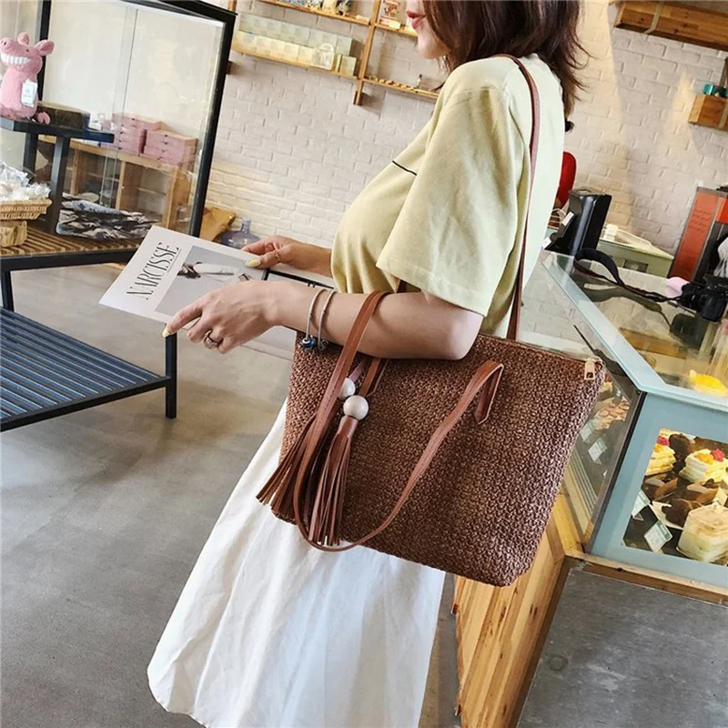 Women Simple Straw Handbag Shoulder Bag Tassels Tote Summer Beach Zipper Shopping Crossbody Fashion Travel Messenger Bag