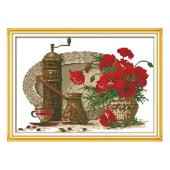

JoySunday cross stitch diy Teacup and poppy life flower rose DMC14CT11CTcotton needlework livingroom restaurant hotel painting