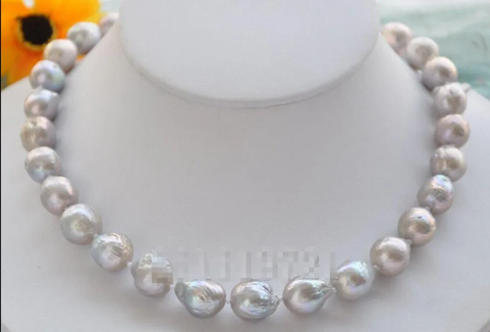 

FREE SHIPPING>@@> Hot sale new Style >>>>>New High Lustre 17" 13mm gray almost round Edison pearl necklace