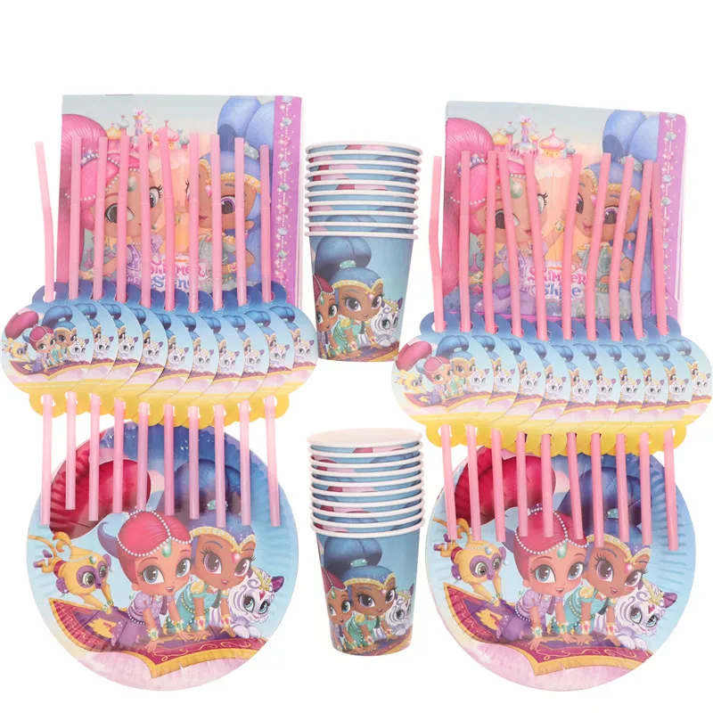 

80pcs/lot Shimmer And Shine Theme Birthday Party Decorations Disposable Tableware Set Napkins Straws Cups Plates Girl's Party