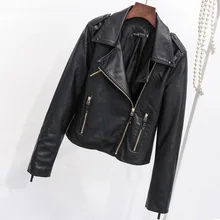 Женская черная кожаная куртка в Корейском стиле, Женская куртка из искусственной кожи, короткая мотоциклетная байкерская куртка, верхняя одежда