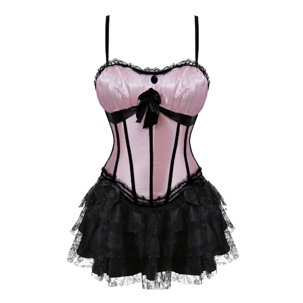 

Women's Pink Satin Sexy Stripe Overbust Corset Dress Cup and Straps Bustiers and Lace Skirt Party Waist Trainer