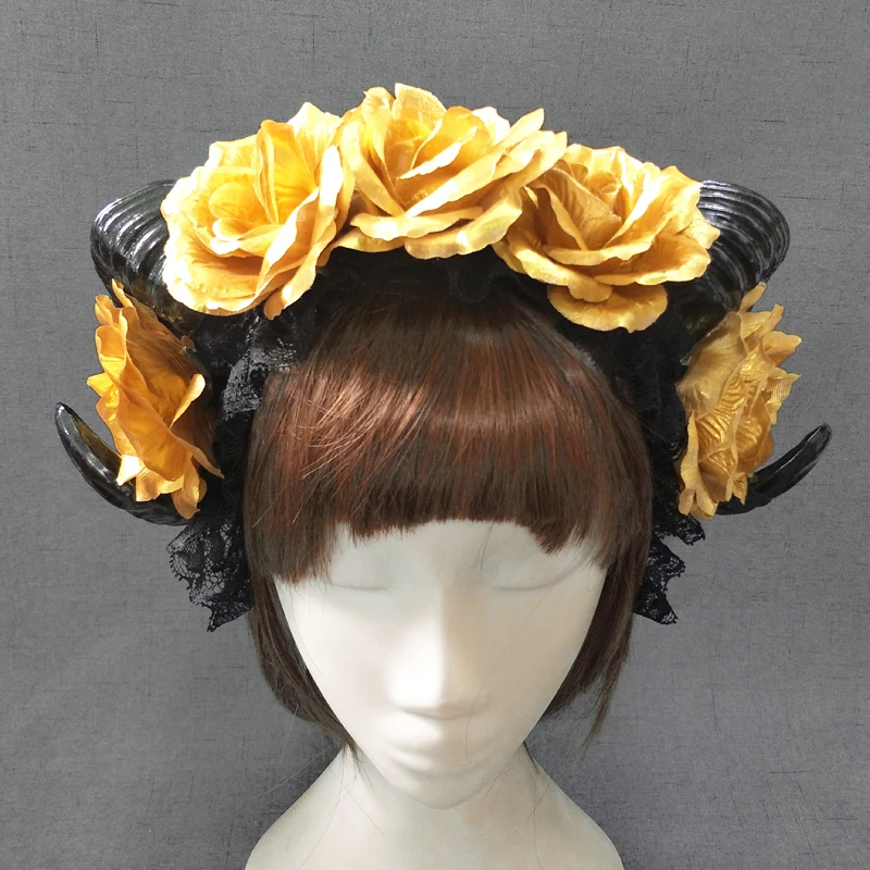

Women's Forest Fairy Queen Headband Accessory Gothic Headband Rose Flower Horn Headpiece Handmade Restyle Cosplay Hair Accessory