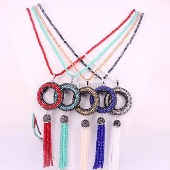 

5Pcs Pave Rhinestone Round circle bead with crystal long tassel pendant necklace handmade sweater chain necklaces
