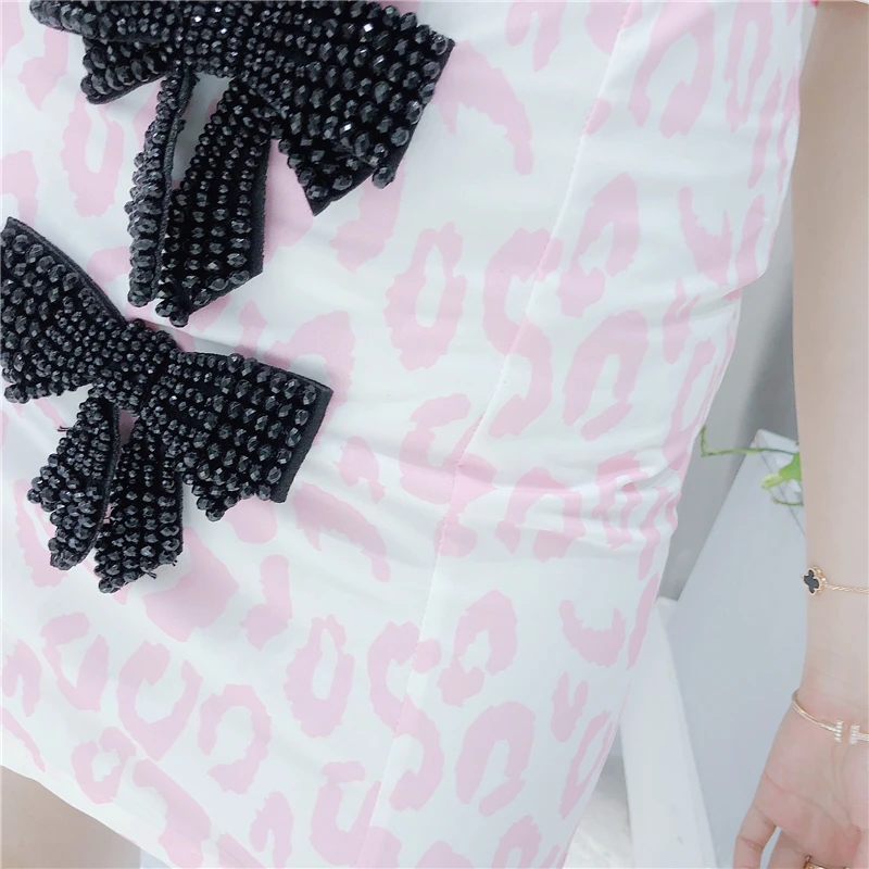Летнее Новое шифоновое платье-карандаш с пышными рукавами и бусинами и бантом с высокой талией