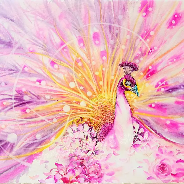 ArtBack Diamond Embroidery Pink Peacock Picture of Diamonds 100% Full Square round Set for Stitch Room Decor | Дом и сад