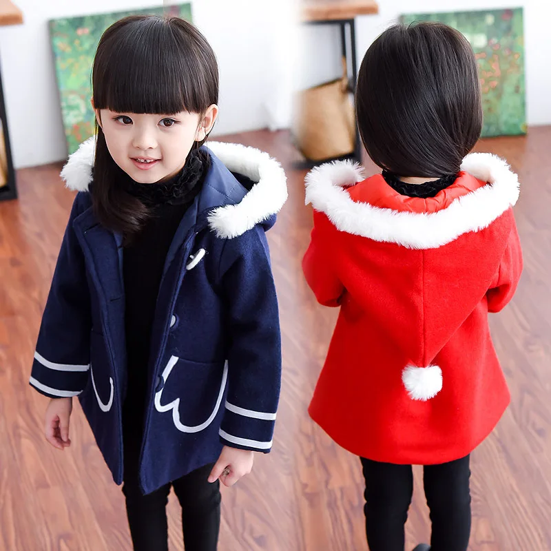 2016 Baby Girls wool winter coats hooded outerwear kids children outerwear clothes pink jackets