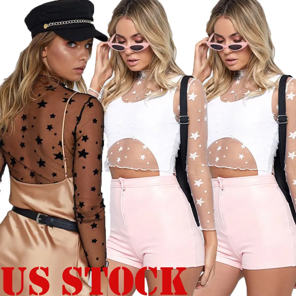

Summer Women Mesh Sheer T Shirt Party See-through Crop Top Club Long Sleeve ulzzang Casual Tees Sexy New Fashion