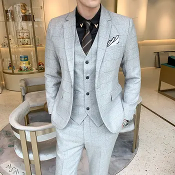 

( Blazer + Vest + Pants ) 2019 New Men's Fashion Boutique Plaid Wedding Dress Suit Three-piece Male Formal Business Casual Suits