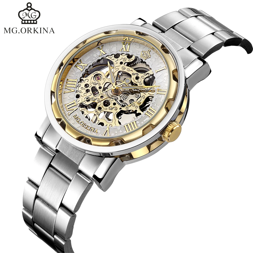 

ORKINA Famous Top Brand Mechnaical Watches Gold Tone Skeleton Design Men's Watches Stainless Full Steel Wristwatches Relogios