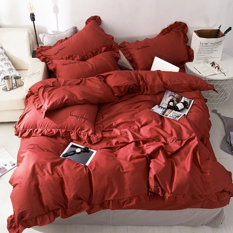 

Princess Style 100% Cotton Fashion Solid Room Decor Adult Bed Flat Sheet Pillowcase Duvet Cover Set Bedclothes Bedding Set King