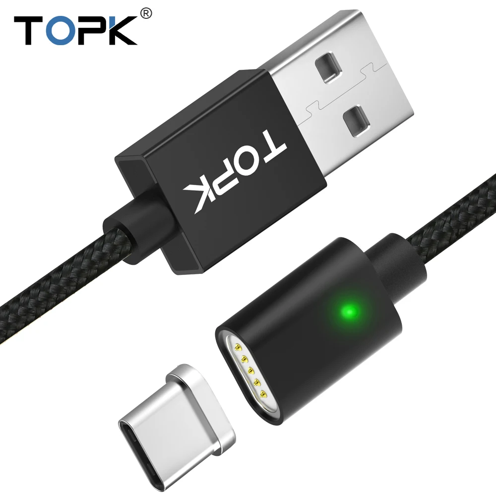 TOPK F-Line Магнитный кабель usb type C 5 в 2.4A нейлоновый Плетеный Светодиодный индикатор USB C магнитное зарядное устройство, кабель для телефонов usb type-C