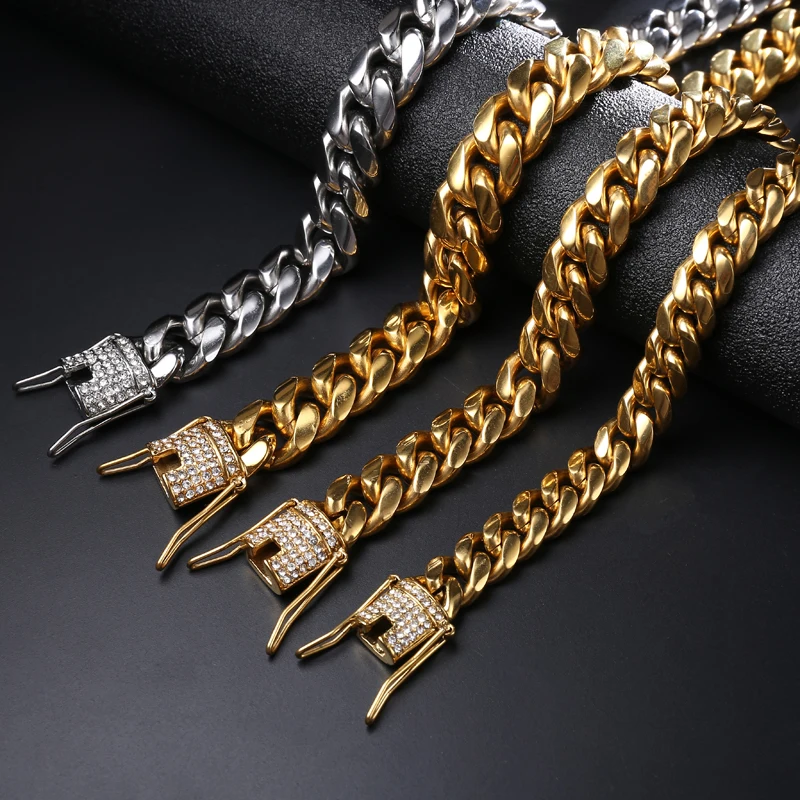 

D&Z Miami Curb Cuban Bracelet Mens Stainless Steel Gold Hip Hop Iced Out Paved Rhinestones CZ Rapper Bracelet for Men Jewelry