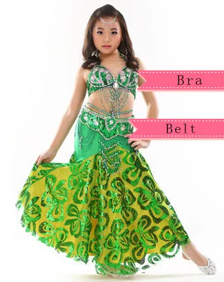 Стиль, костюм для танца живота, одежда, детская одежда для танца живота, детская одежда для индийских танцев, 2 шт.-3 шт., бюстгальтер, пояс и юбка, 8 цветов - Цвет: Green 2pcs