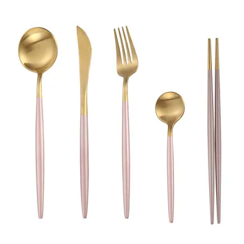 

30pcs Korean Royal Pink Golden Tableware Cutlery Set Dinner Knife Spoon Fork Sets 18/8 Stainless Steel Western Dinnerware Set
