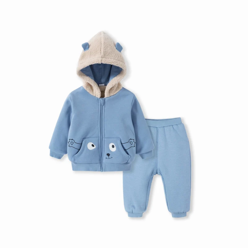  Balabala Infant Baby Boy Girl Sherpa-Lined Critter Hooded Jacket Zip Hoodie + Pull-on Pants Set New