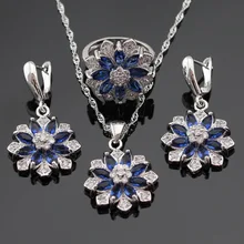 Copo de nieve Azul Creado Sapphire Color Plata Anillos de Sistemas de La Joyería Collar Colgante Pendientes de Gota Para Las Mujeres Navidad Caja de Regalo Libre
