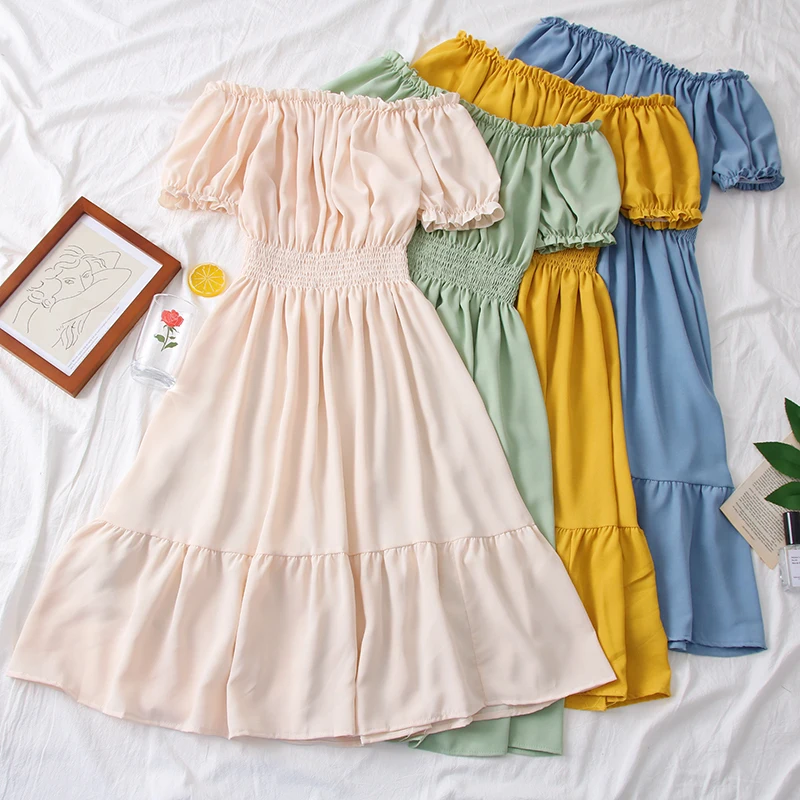

SINGRAIN Off the Shoulder Chiffon Dress Women Short Sleeves Bohemian A-Line Club Midi Dress Solid Elegant Summer Ruffle Dress