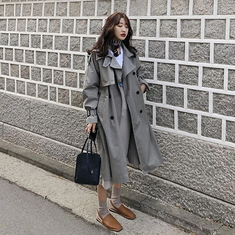 Manteaux Style Coupe Gray Coréen Grande Lâche Femelle Printemps Long Élégant Dames Femmes Manteau vent Taille Pardessus Outwear Trench khaki coat qXw7TT