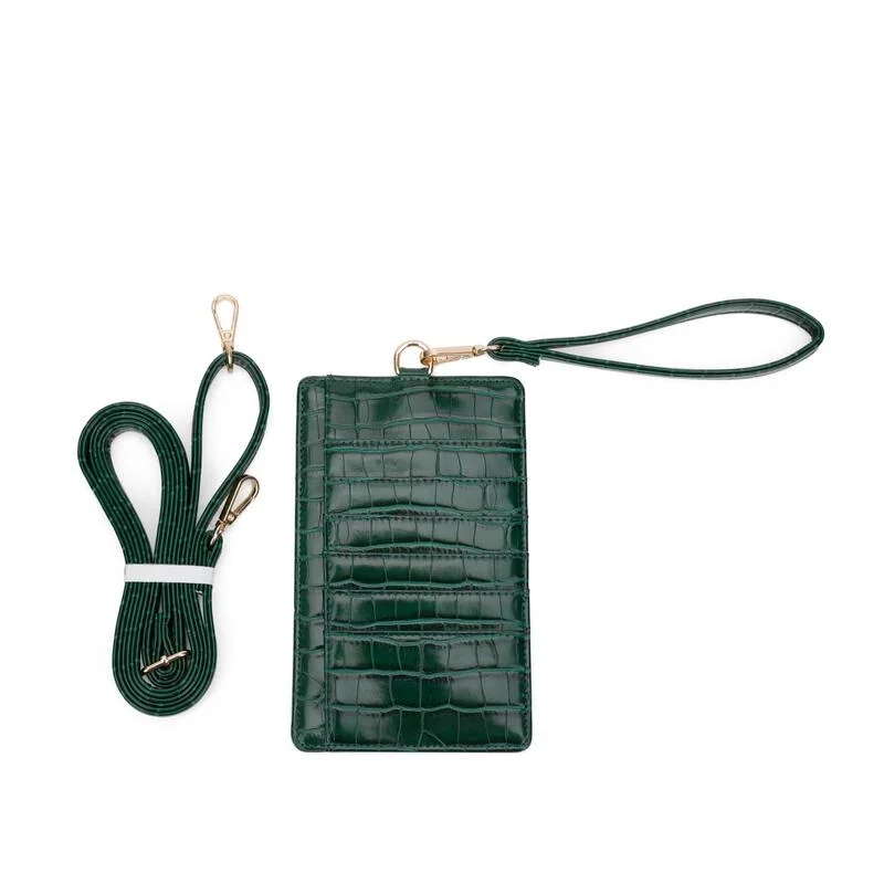 Genuine Leather Mobile Phone Card Holder Embossed Serpentine Leather Phone Wallet Python Leather Pouch With Lanyardr Phone Bag - Color: Strap Green
