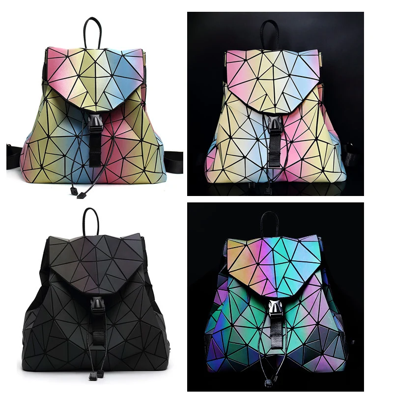 

Discoloration Women Backpack Diamond Lattice Geometry Quilted Luminous School Bag Backpacks For Teenage Girl holographic Mochila