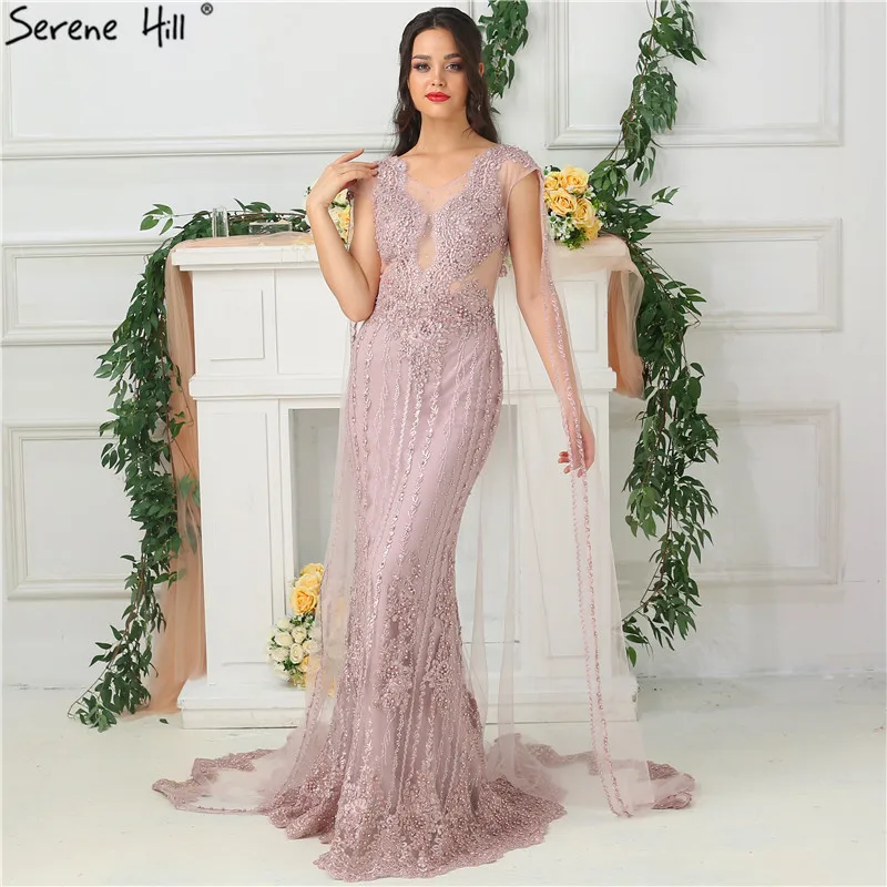 

Pink V-Neck Sleeveless Yarn Shawl Evening Dresses 2019 Mermaid Elegant Lace Pears Formal Evening Dress Serene Hill LA6595