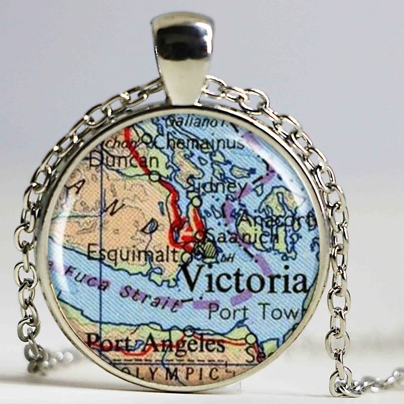 Victoria Map Pendant, Resin Pendant Charm, Victoria BC Canada Necklace, Vintage Map Round Silver Pendant