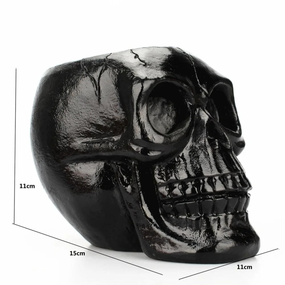 Портативный черный череп голова подставка для ручек, для хранения коробка Смола Статуи декор для домашнего стола, подарок на день рождения, декор для Хэллоуина, вечеринки