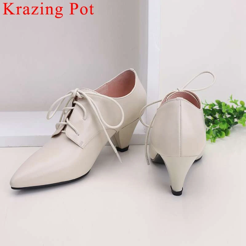 

2019 superstars genuine leather popular British style dress career pumps spike heels pointed toe lace up Spring oxford shoes L31