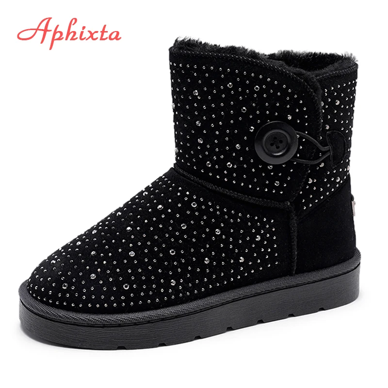 

APHIXTA Luxury Crystal Snow Boots Rhinestones Women Flat Warm Boots Button Faux Suede Winter Boots Platform Sexy Botas Mujer