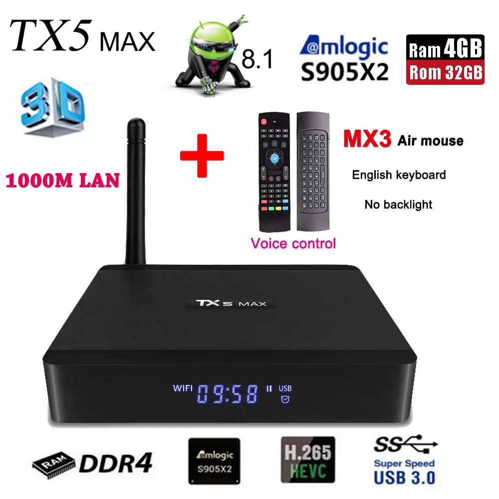 

Tanix TX5 MAX Amlogic S905X2 Android 8.1 TV Box 4GB DDR4 RAM 32GB ROM 2.4G 5G WiFi 1000M LAN BT 4.2 support 4K 3D H.265 Player