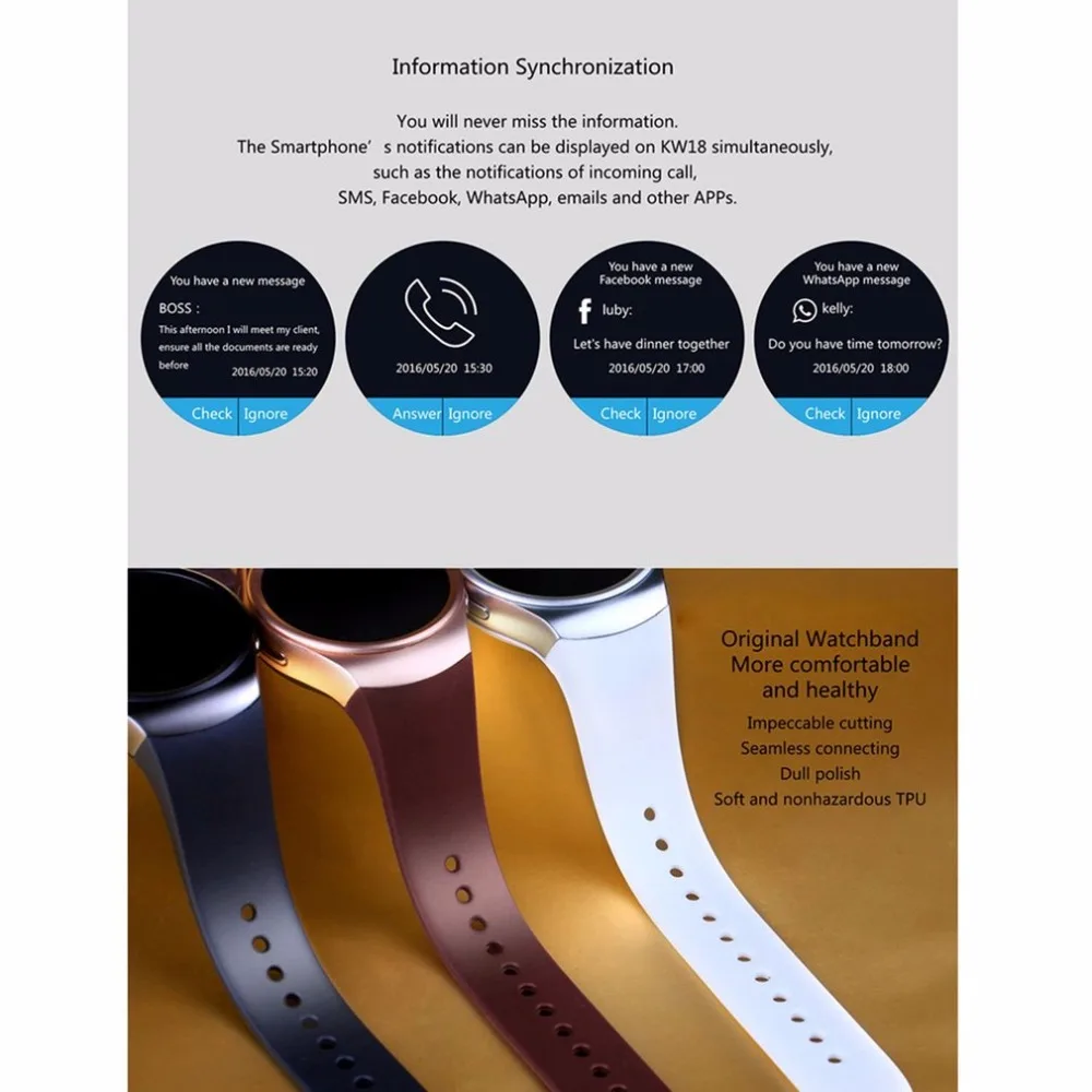 Original KW18 Full Round IPS Heart Rate Smart Watch MTK2502 BT4.0 Smartwatch for IOS and Android For Samsung Intelligent Watch
