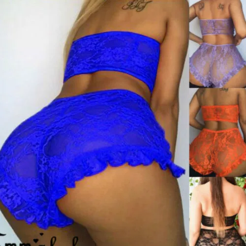 

New Fashion Women Sexy-Lingerie 2Pcs Elegant Flowers Lace Nightgown Babydoll Panties Underwear Lace Bra Set Sleepwear