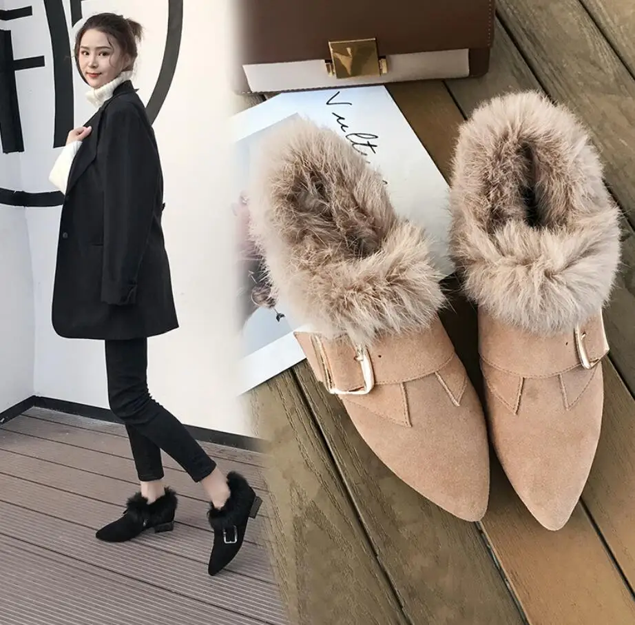 

BJYL Pointed furry shoes female wild 2018 new retro wear flat bottom plus velvet scoop shoes warm cotton shoes female winter