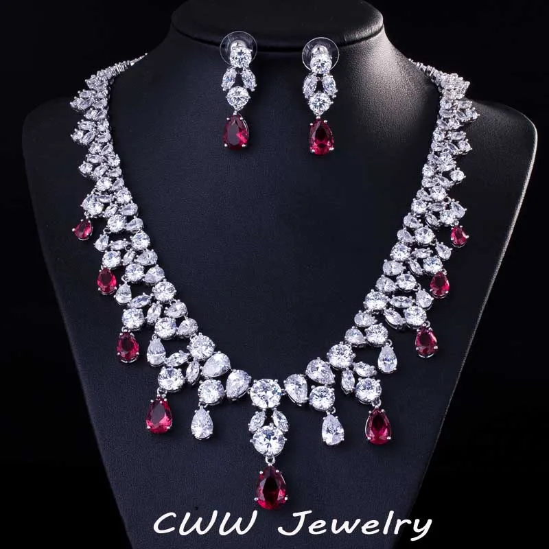 CWWZircons Высокое качество большая капля воды Африканский кубический цирконий Бусы Ожерелье для женщин Свадебные и обручальные ювелирные наборы T195 - Окраска металла: red