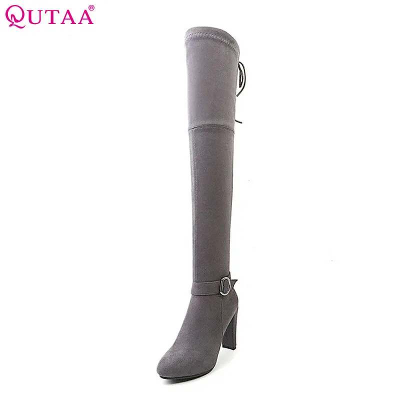 Женские высокие сапоги QUTAA черные зимние из флока на платформе и молнии высоком