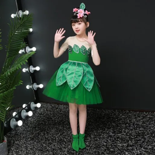 girl short sleeve Платье с зеленым листом для девочек; костюм лист; детские танцевальные костюмы для выступлений; botany; одежда для костюмированной вечеринки; праздничный танцевальный костюм для мальчиков - Цвет: girl short sleeve