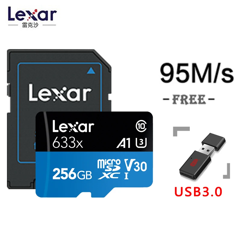 Высокоскоростная карта памяти Micro SD Lexar 633x 32 Гб 64 Гб 128 ГБ макс. 95 м/с C10 256G 512G адаптер в HD - Capacity: 256G and card reader