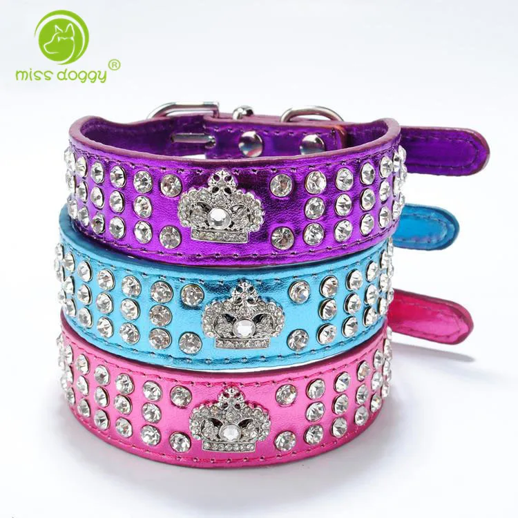 

New 2.5cm Wide Three Rows of Crystal Rhinestones PU Leather Pet Dog Collar Bling Crown Charm Purple Necklace For Puppy Cat Teddy