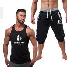 Новые летние Брендовые мужские спортивные для бега облегающие шорты+ жилет мужские черные короткие брюки для бодибилдинга мужской фитнес костюм для спортивного зала