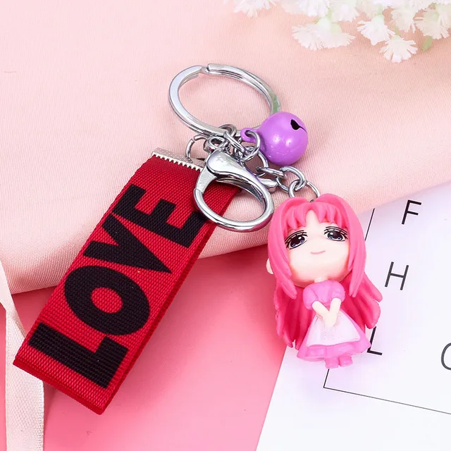 New Fashion Anime Girl Ribbon Bell Keychain Cute Doll Vinyl Keyring Bag Car Purse Pendant