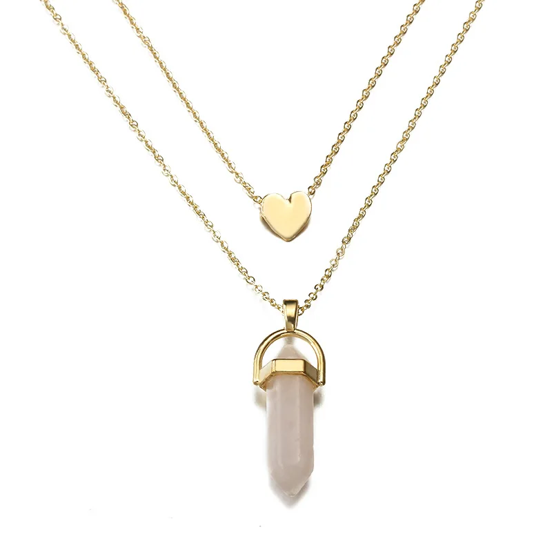

8 Colors Stone Rhombic Columnar White Purple Blue Pendant Little Heart Double Chains Golden Necklace for Women
