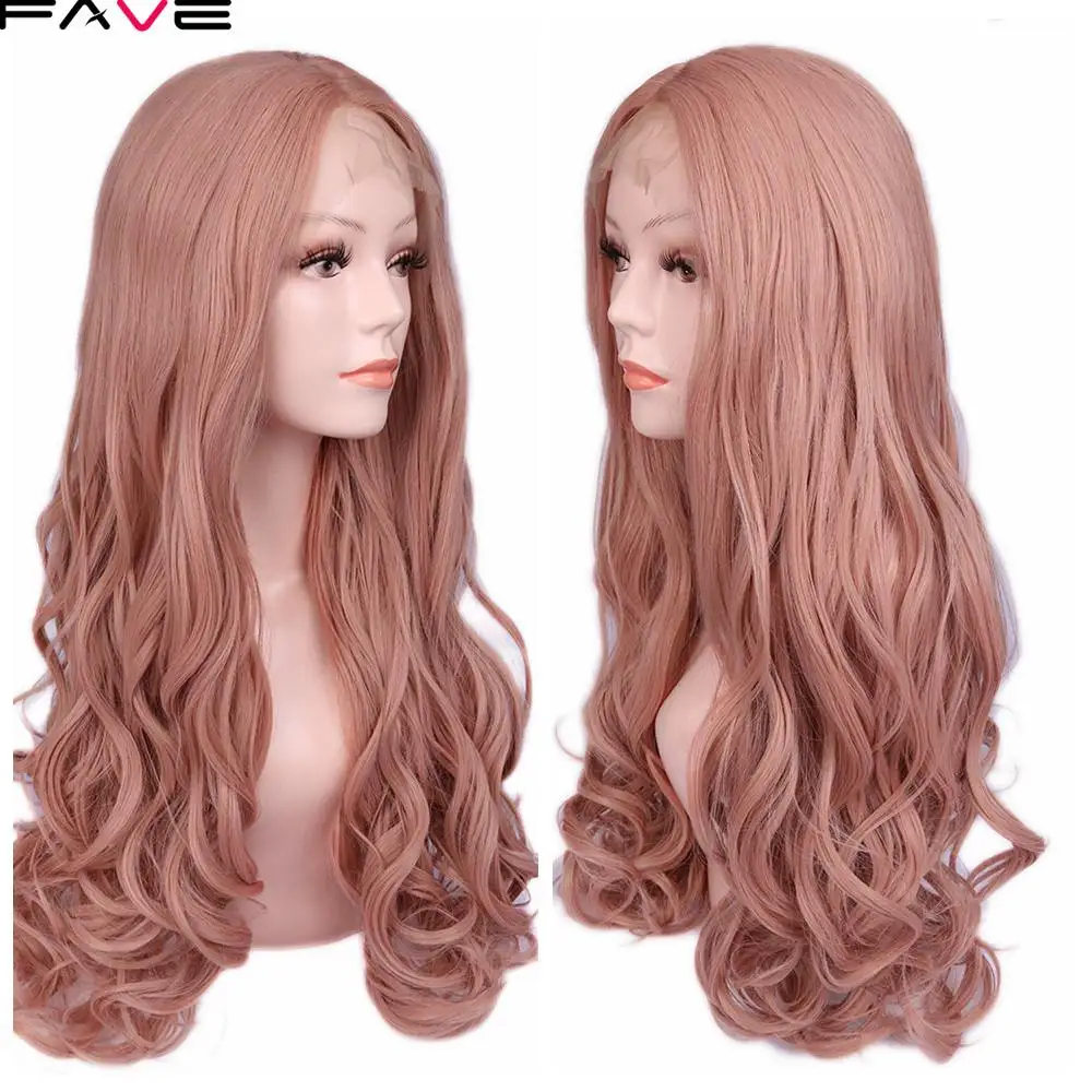 

FAVE Premium Long Wavy Synthetic Lace Front Wigs For Black White Women 26 Inch Pink Rose Gold Color Wigs For Cosplay Or Party