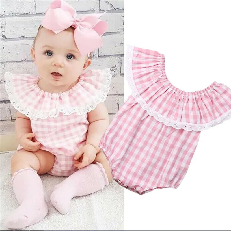 Cute Baby Girls Plaid Bodysuits Lace Ruffled Collar Jumpsuit Newborn