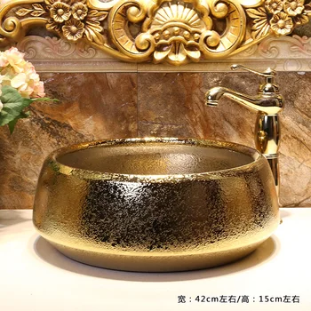 

China Artistic Procelain Handmade Europe Vintage Lavabo Washbasin Ceramic Bathroom Sink Counter Top ceramic wash basin golden