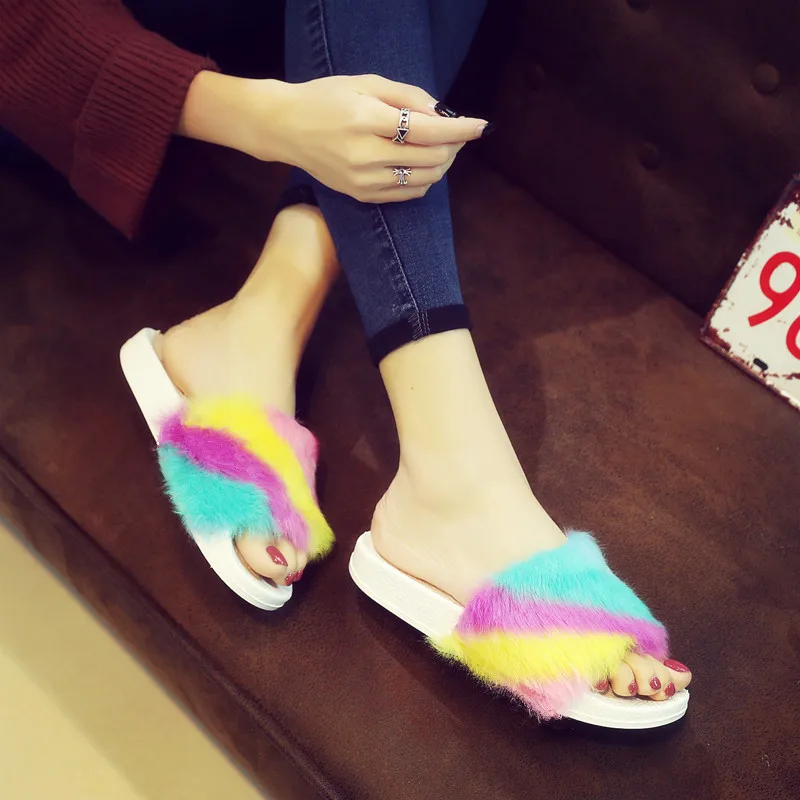 Женские шлепанцы с радужным мехом сезон весна лето домашние тапочки два стиля